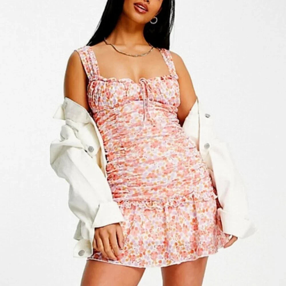 ASOS Petite Ditsy Floral Ruched Frill Peplum Mini Dress Size 8